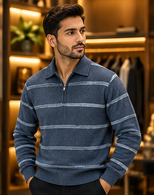 Men’s Striped Half-Zip Knit Polo Sweater