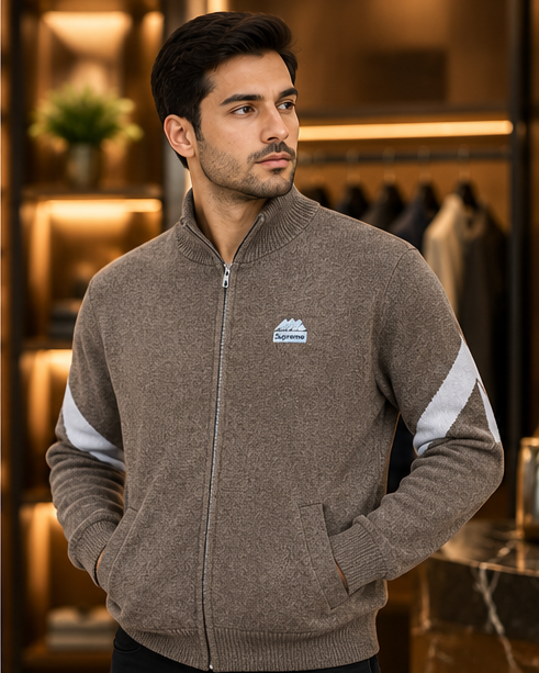Men’s Stand Collar Full-Zip Knit rabbit whool zipper