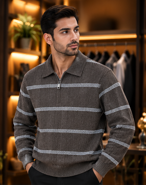 Men’s Striped Half-Zip Knit Polo Sweater