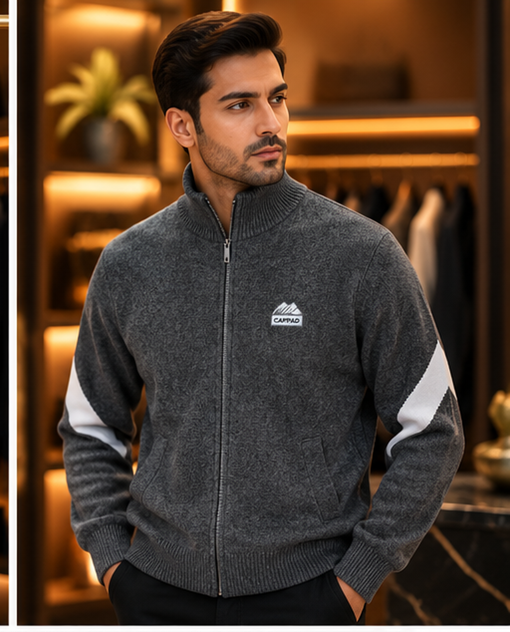 Men’s Stand Collar Full-Zip Knit rabbit whool zipper