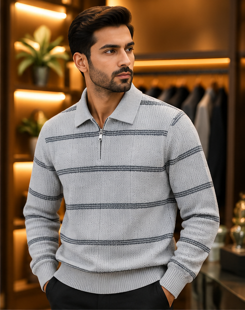 Men’s Striped Half-Zip Knit Polo Sweater